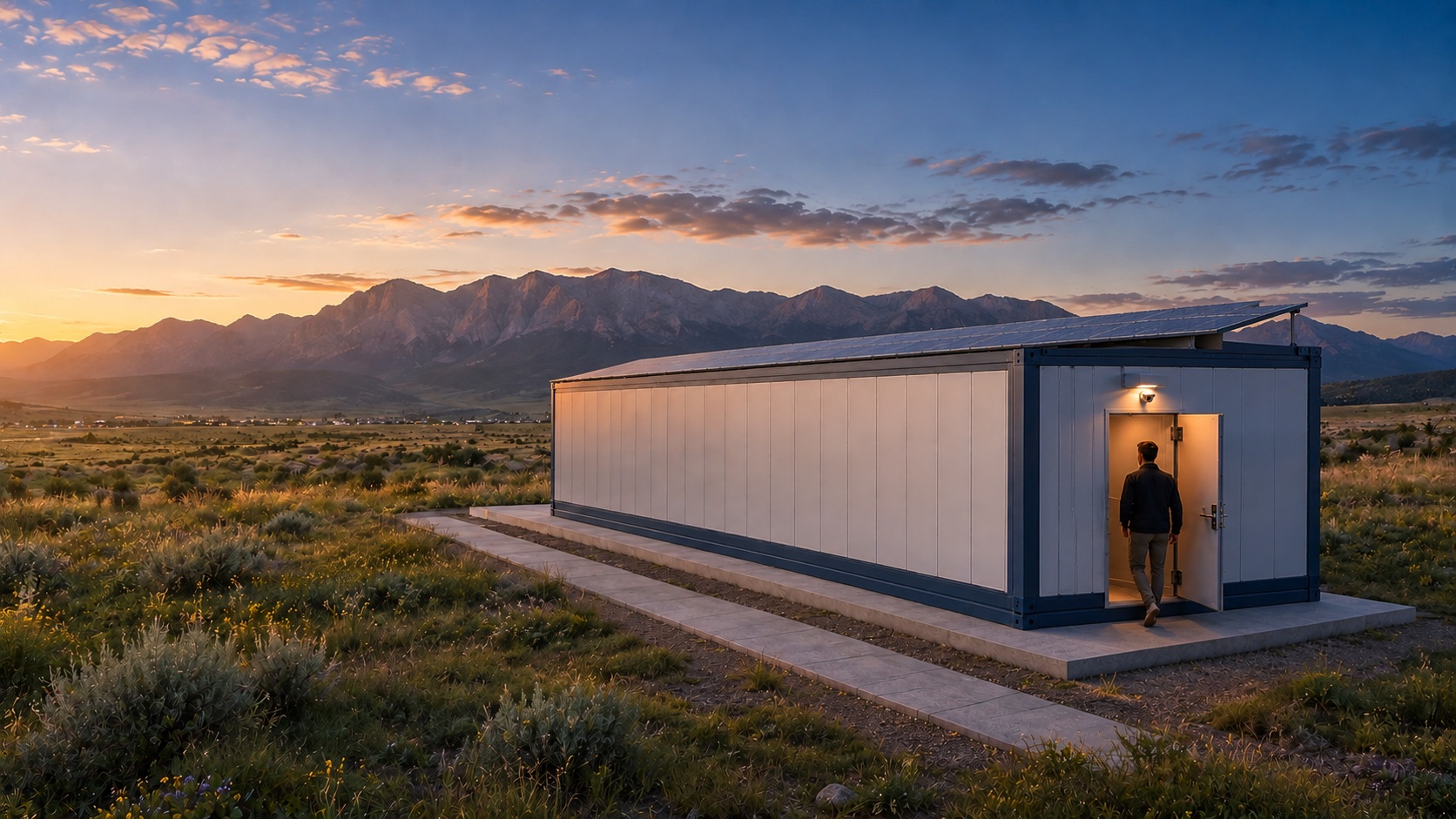 Compact self-contained data center unit with solar roof at sunset, person at the walk-in door (illustrative concept)