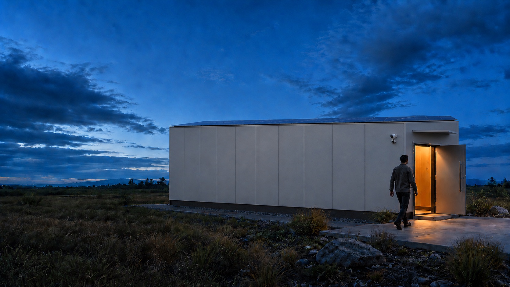 Compact walk-in data center unit at night, warm light at the open door (illustrative concept)