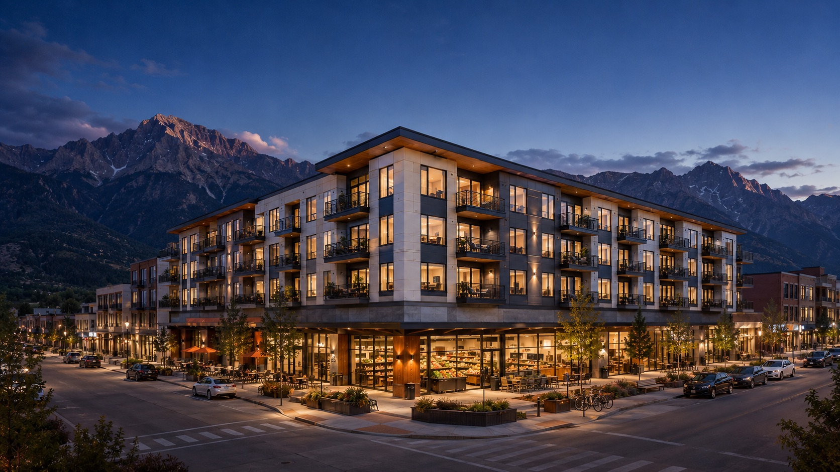 Mixed-use building with homes above street-level retail at dusk (illustrative concept)