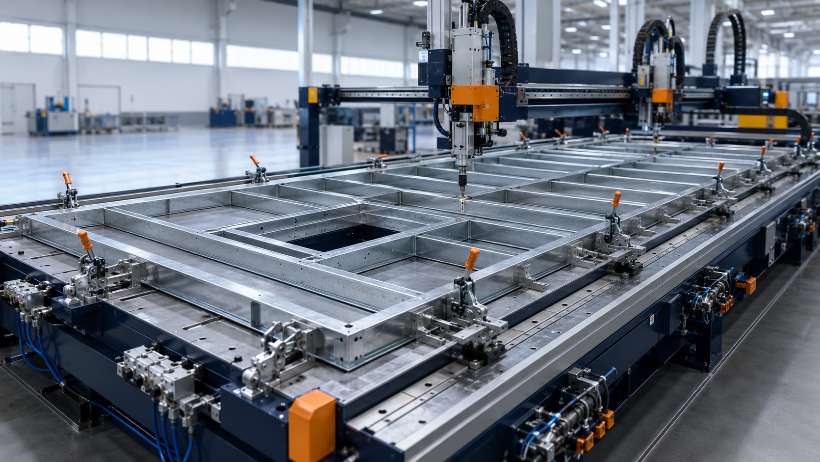 Automated station assembling a steel wall panel inside the RovoSmart factory